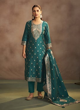 Rama Green Silk Jacquard Straight Pant Suit