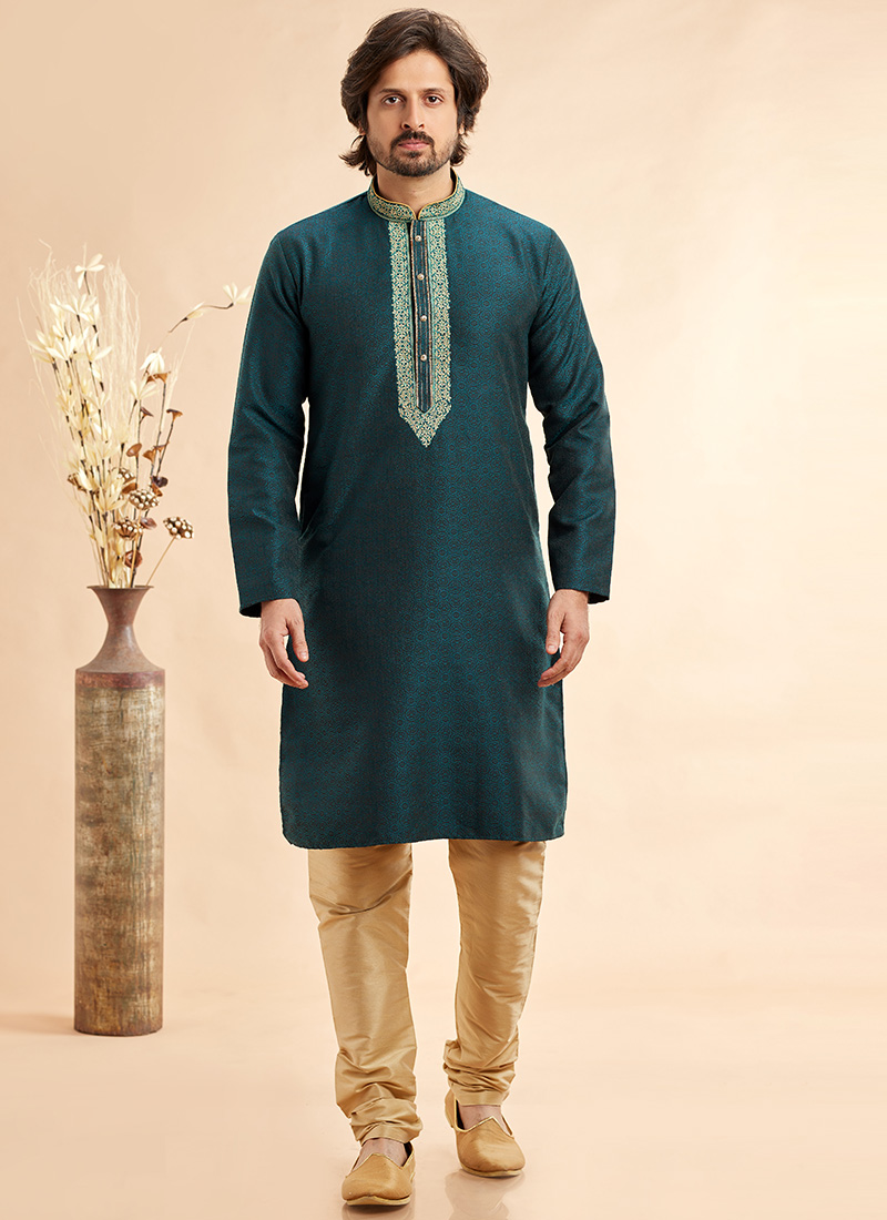 Rama Green Silk Jacquard Thread Kurta Pyjama Festive Wear