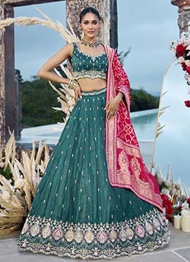 Rama Green Silk Sequins Embroidered Cut Work Umbrella Lehenga Wedding Wear