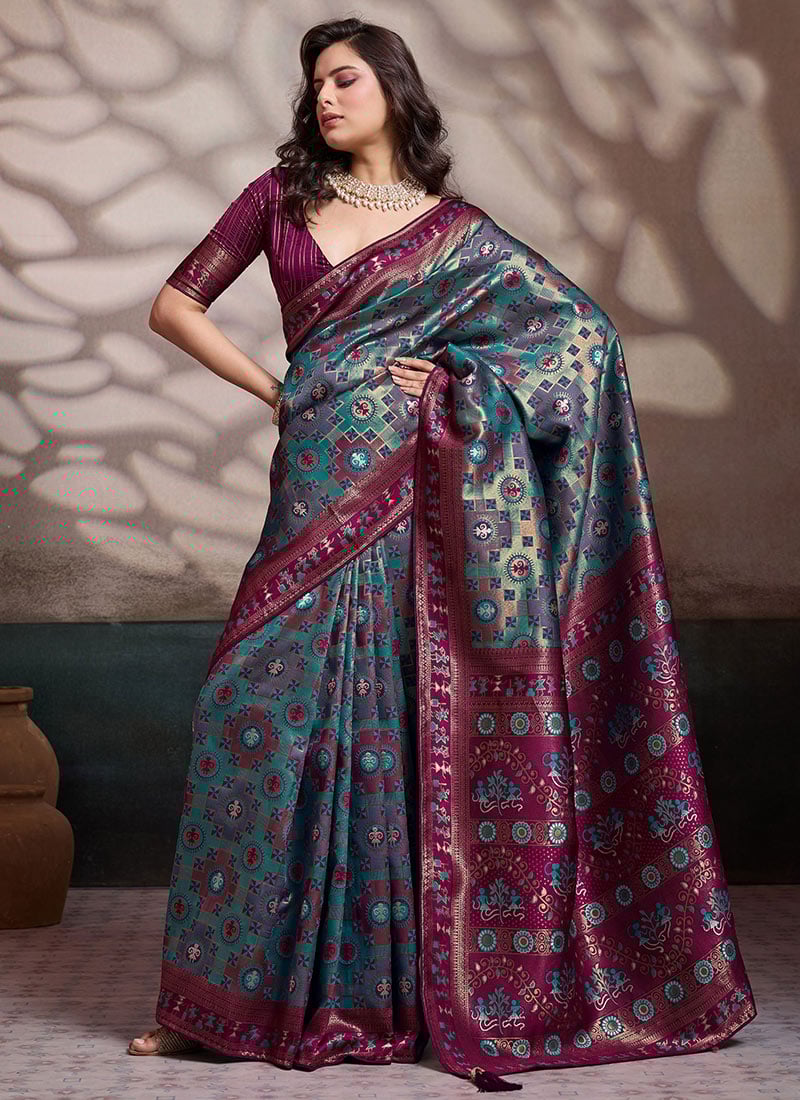 Rama Green Soft Silk Zari Jacquard With Meenakari Woven Print Saree Festive Wear