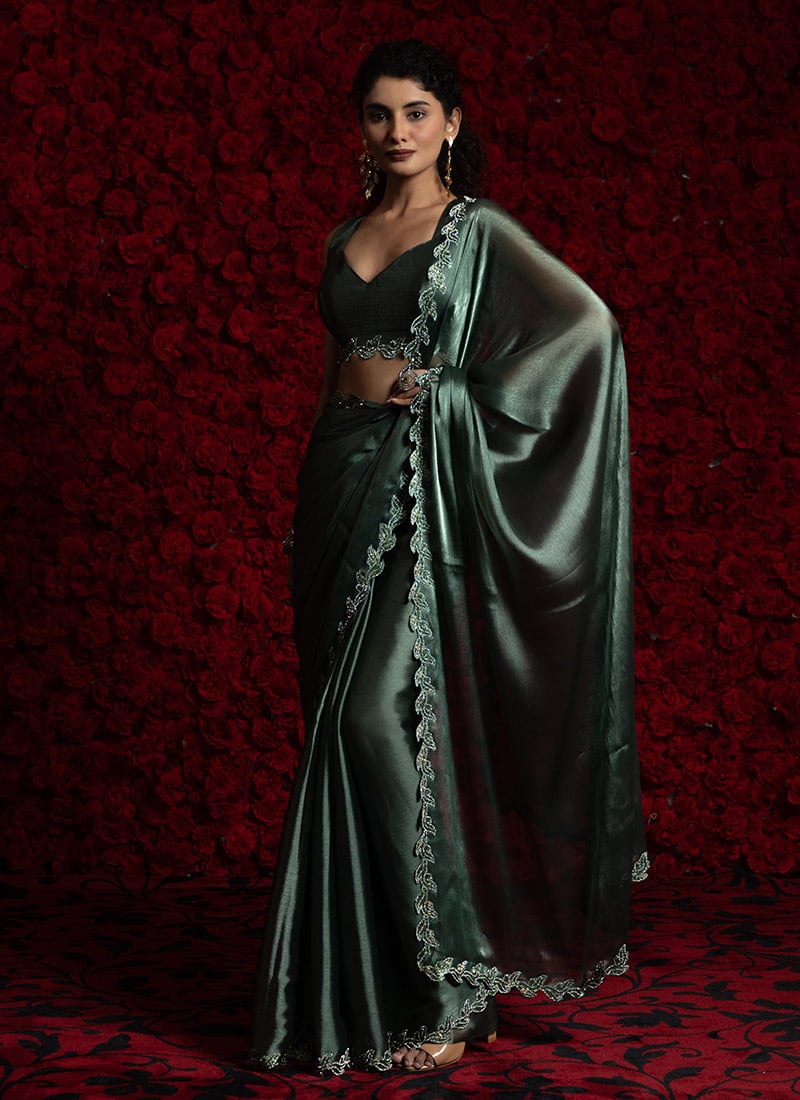 Rama Green Tissue Chiffon Hand Embroidered Zari Saree Festive Wear