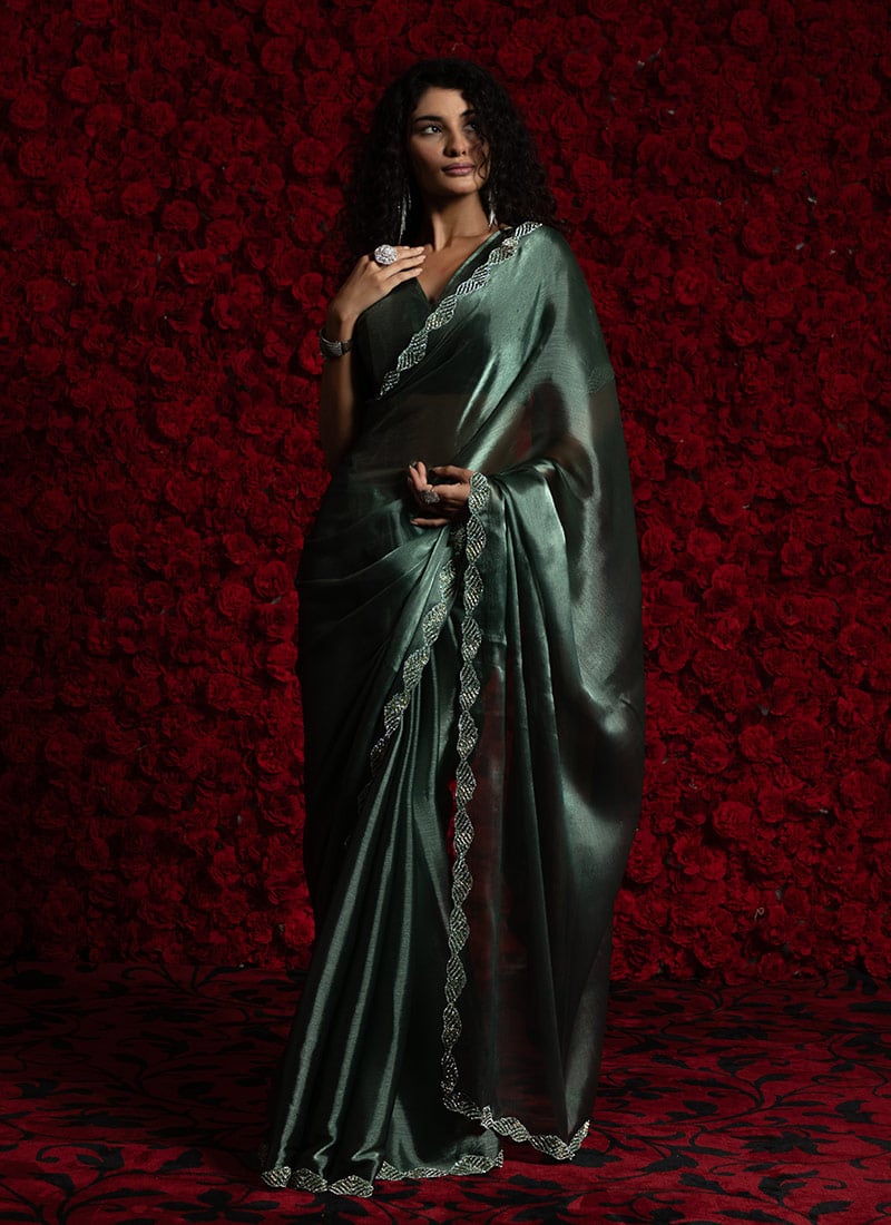 Rama Green Tissue Chiffon Hand Embroidered Zari Saree Festive Wear