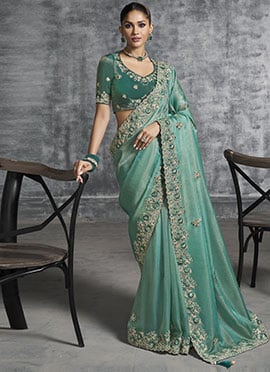 Rama Green Tissue Embroidered Sequins With Stone And Beads Work Saree