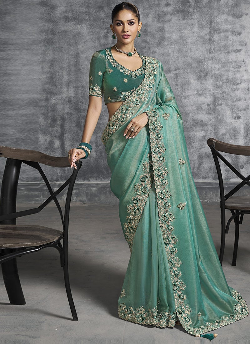 Rama Green Tissue Embroidered Sequins With Stone And Beads Work Saree Wedding Wear