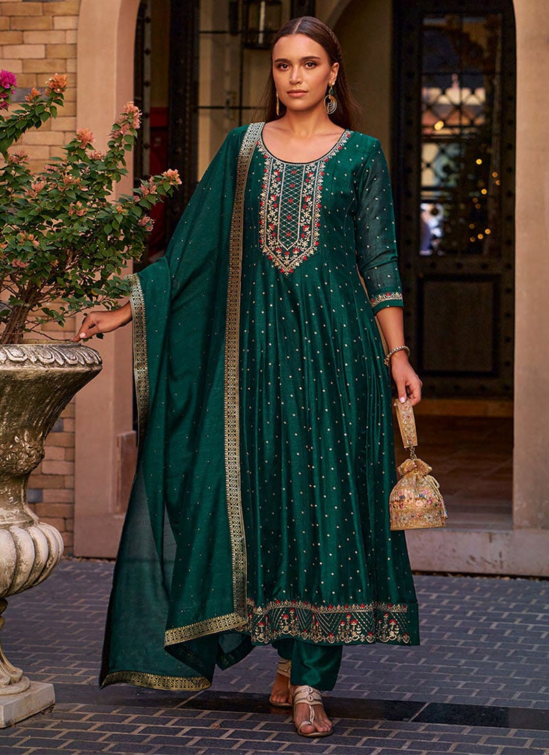 Rama Green Vichitra Silk Zari Embroidered Sequins A Line Straight Pant Suit Festive Wear