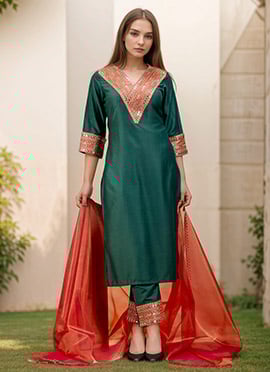 Rama Green Viscose Rayon Embroidered Sequins Straight Pant Suit