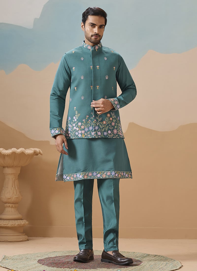 Rama Green Viscose Silk Embroidered Sequins Bandi Set For Men