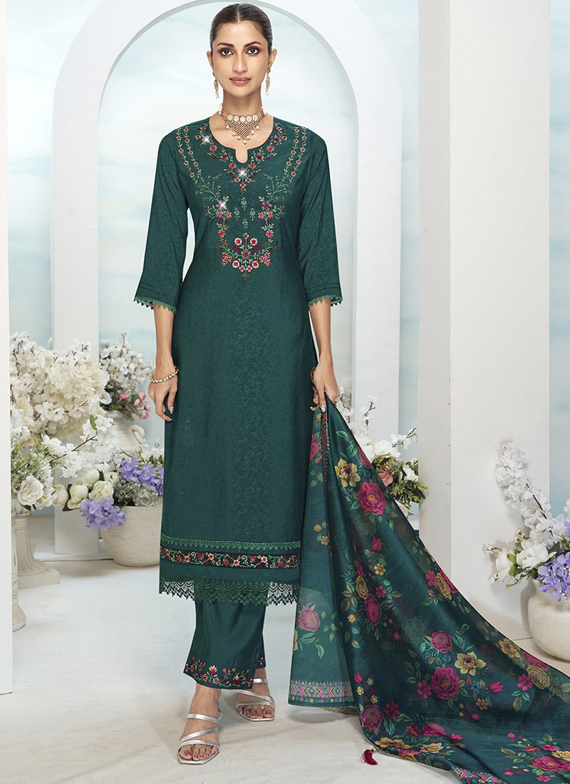 Rama Green Viscose Silk Embroidered Sequins Straight Pant Suit Festive Wear