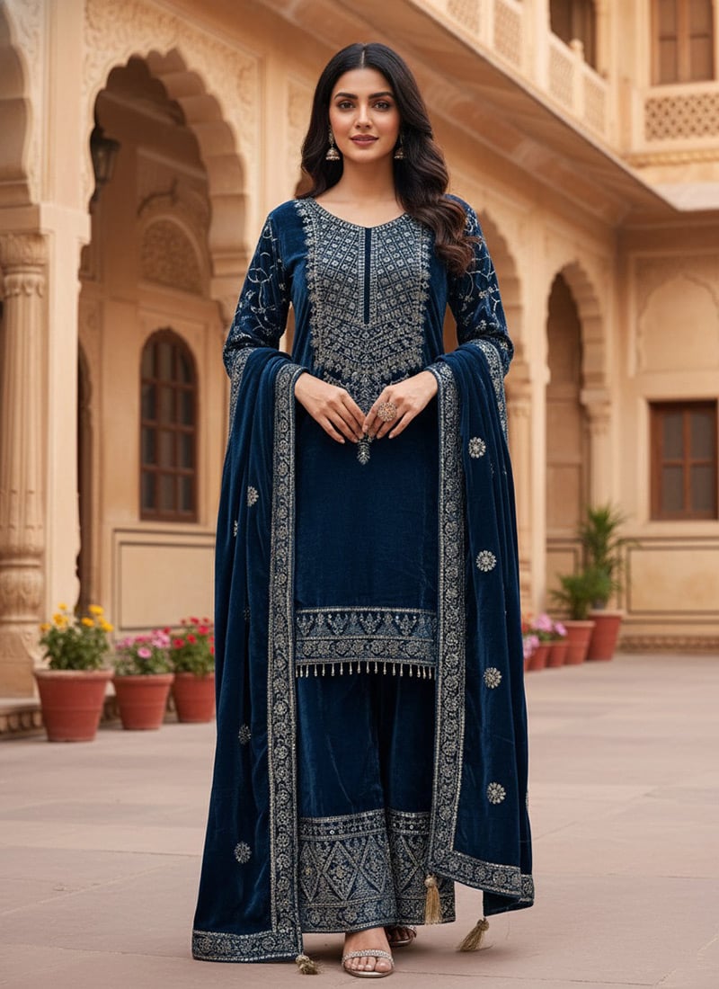 Rama Green Viscose Velvet Embroidered Sequins Palazzo Suit Festive Wear