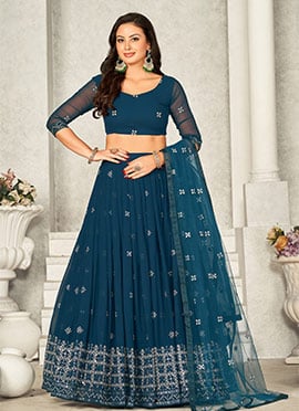 Blue Greorgtte Party Wear Umbrella Lehenga With Embroidery And Sequins