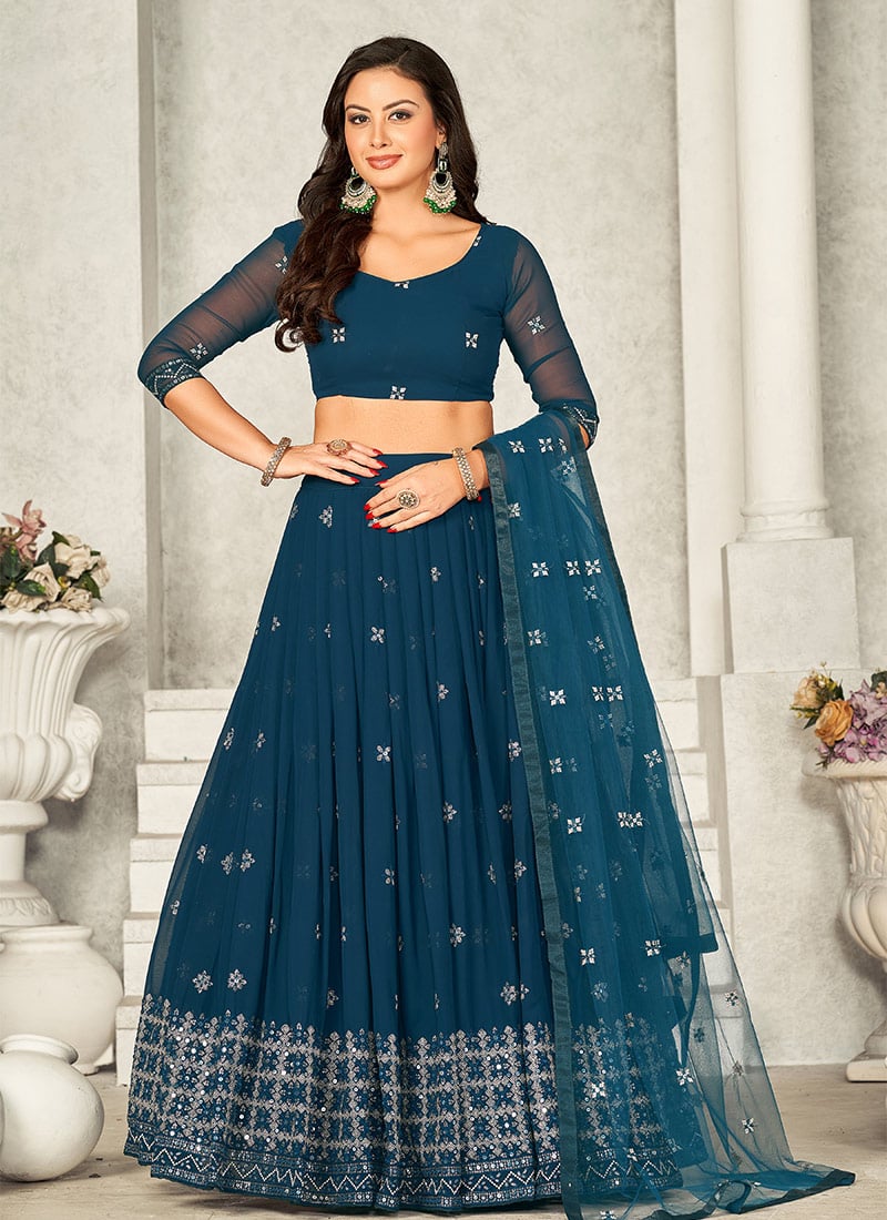 Blue Greorgtte Party Wear Umbrella Lehenga With Embroidery And Sequins Party Wear