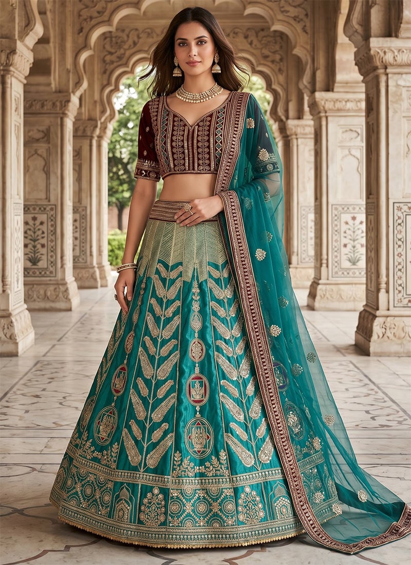 Rama Satin Silk Embroidery Sequins Lehenga Wedding Wear