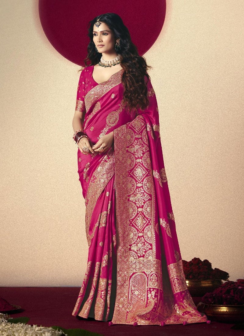 Ran Pink Viscose Zari And Jacquard Saree Festive Wear