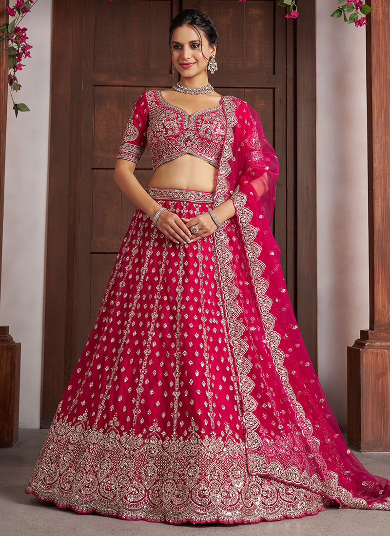 Rani Net Silver Zari and Beads Embroidered Lehenga Wedding Wear