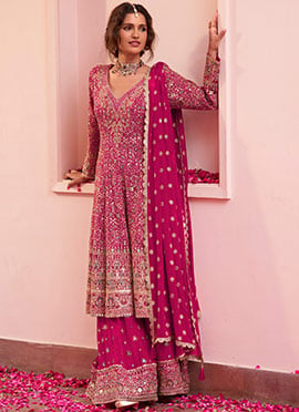 Rani Pink A Line Georgette Sequins Hand Embroidered Sharara Suit