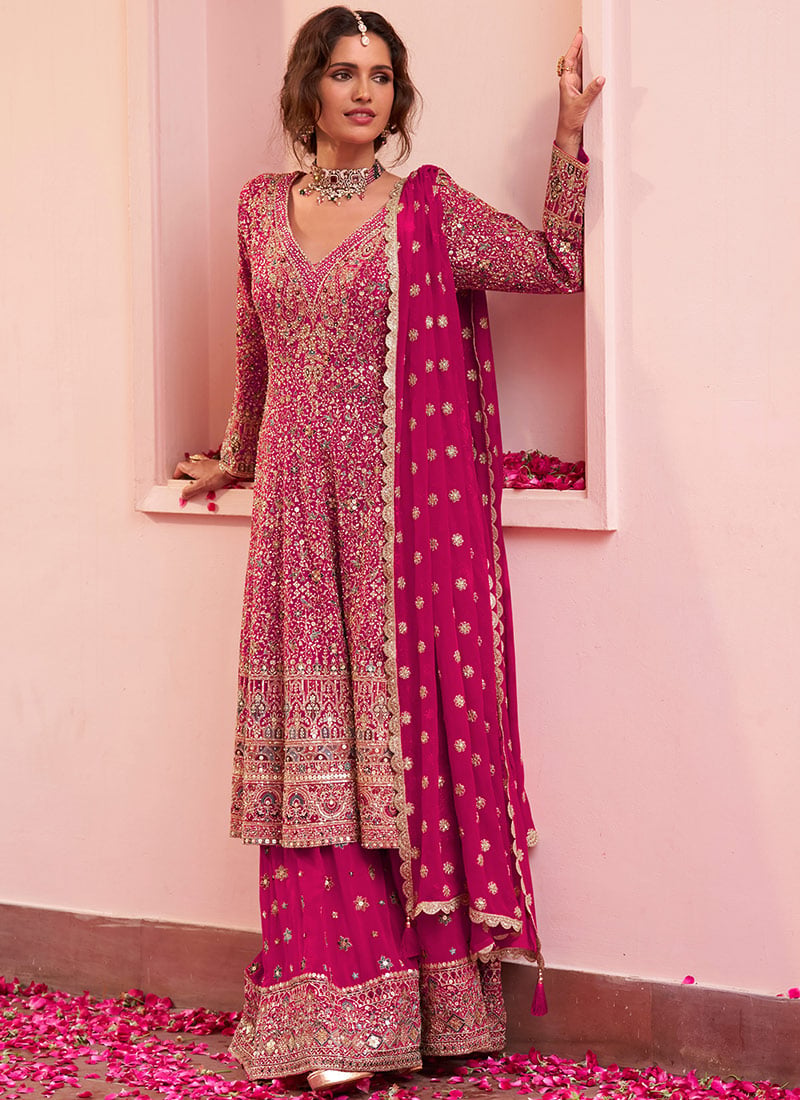 Rani Pink A Line Georgette Sequins Hand Embroidered Sharara Suit Wedding Wear