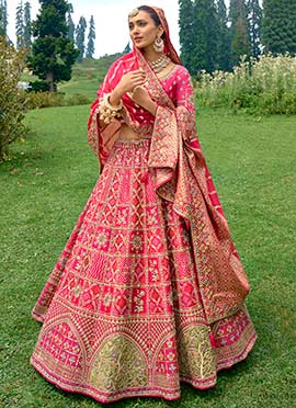 Rani Pink Art Silk Embroidered Umbrella Lehenga