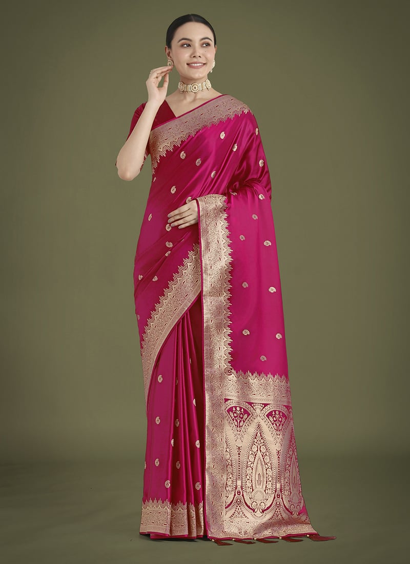Rani Pink Banarasi Satin Silk Zari Woven Saree Festive Wear