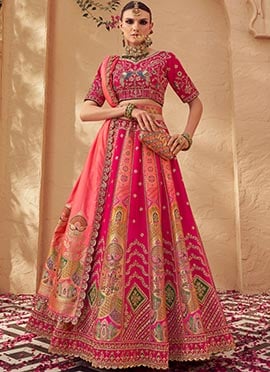 Rani Pink Banarasi Silk Cutdana Zarkan Stones Umbrella Lehenga