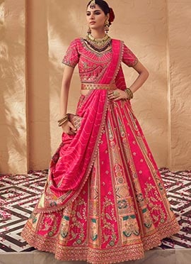 Rani Pink Banarasi Silk Cutdana Zarkan Stones Umbrella Lehenga