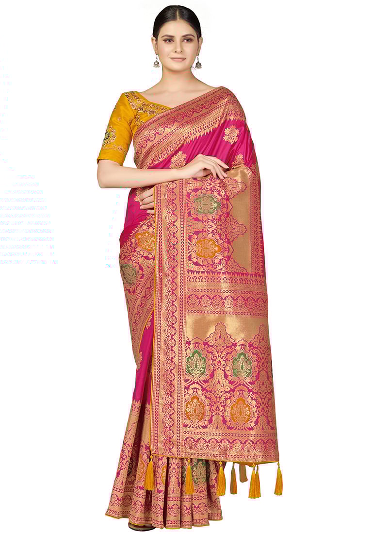 Rani Pink Banarasi Silk Stone Embroidered Saree Festive Wear