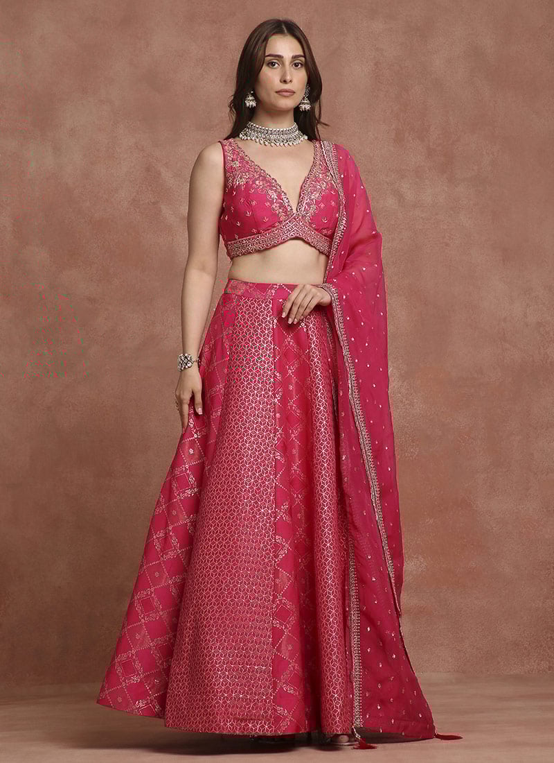 Rani Pink Banarasi Silk Zardosi Hand Work And Sequins Umbrella Lehenga