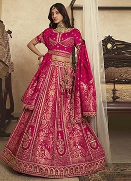 Rani Pink Banarasi Silk Zari Embroidered Sequins With Stone Work Lehenga