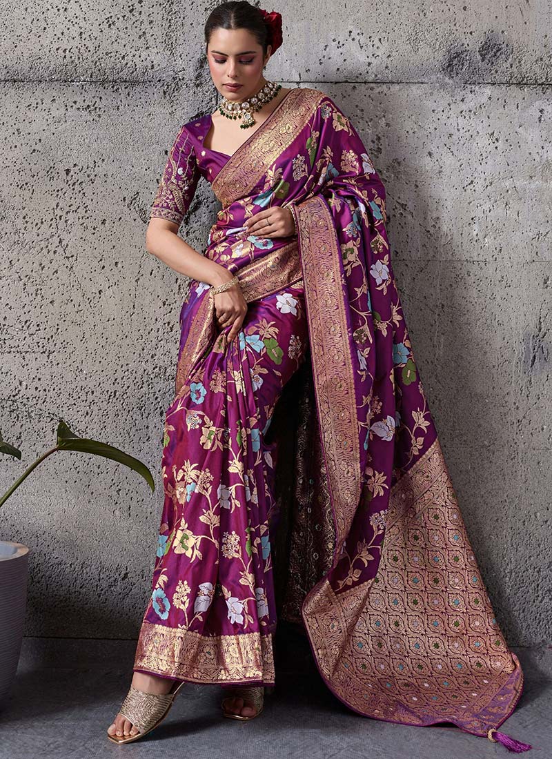Rani Pink Banarasi Silk Zari Jacquard And Embroidered Sequins With Beads Work Saree Festive Wear