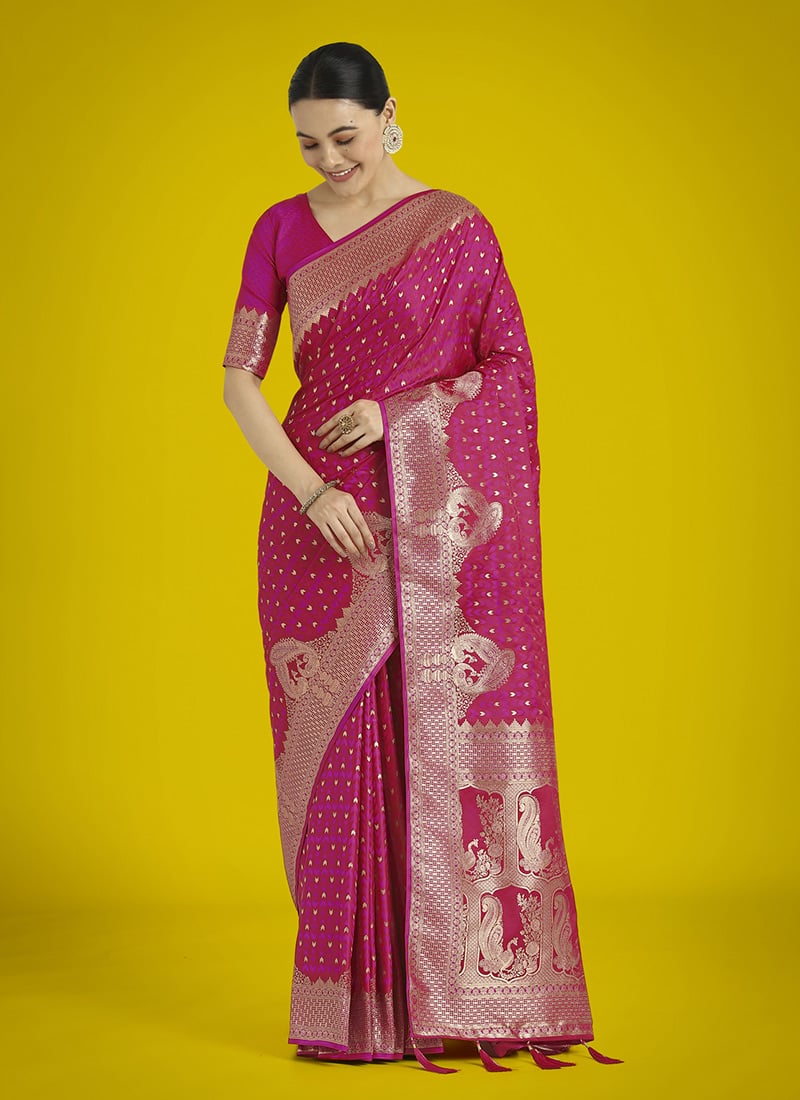 Rani Pink Banarasi Silk Zari Woven Saree Festive Wear