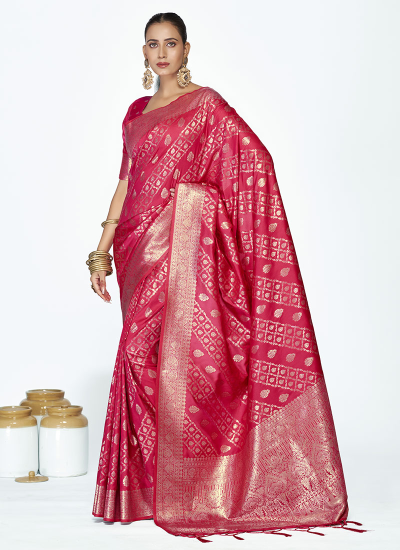 Rani Pink Banarasi Silk Zari Woven Timeless Saree Festive Wear