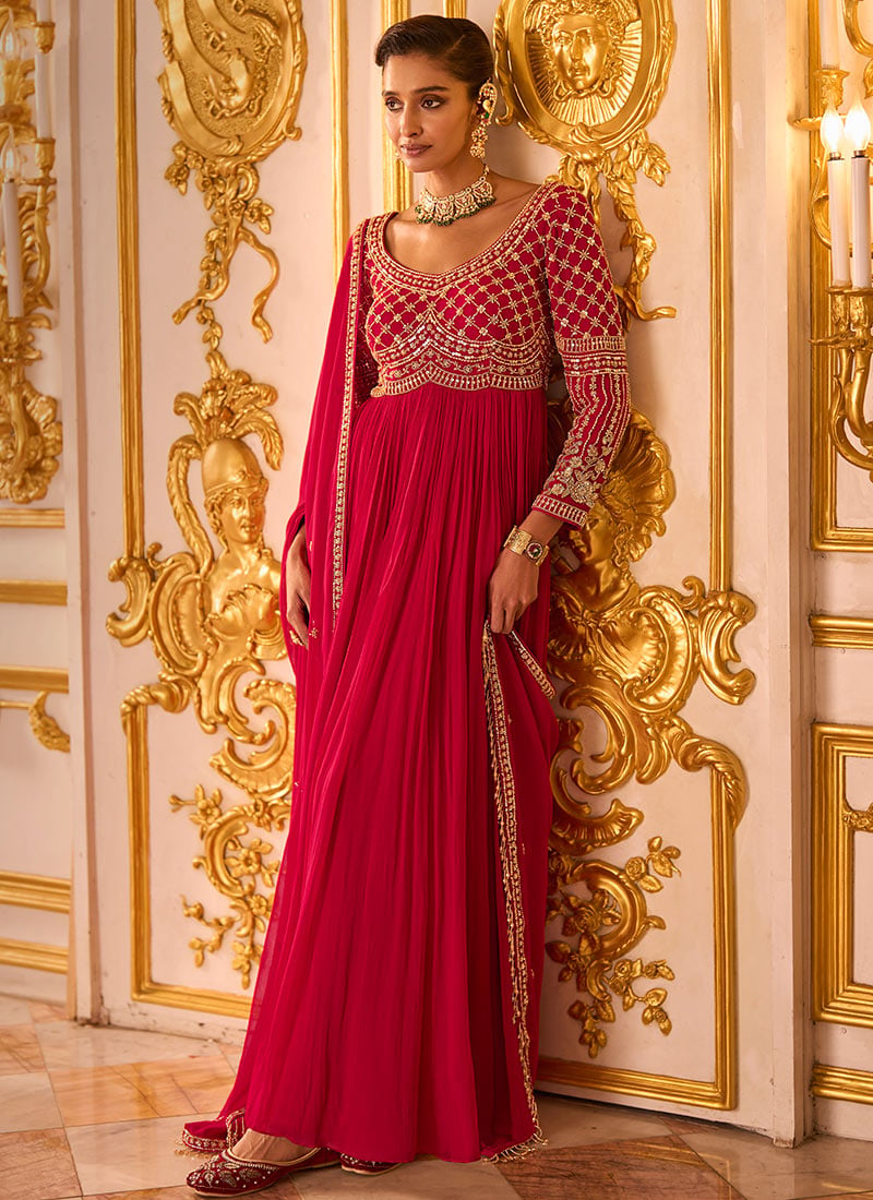Rani Pink Beads Sequins Embroidered Faux Georgette Anarkali Suit Wedding Wear