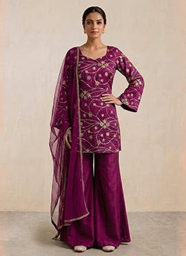 Magenta Bell Sleeve Silk Zari Sequins Sharara Suit