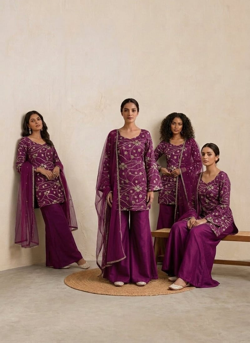 Rani Pink Bell Sleeve Silk Zari Sequins Sharara Suit After Six Wear