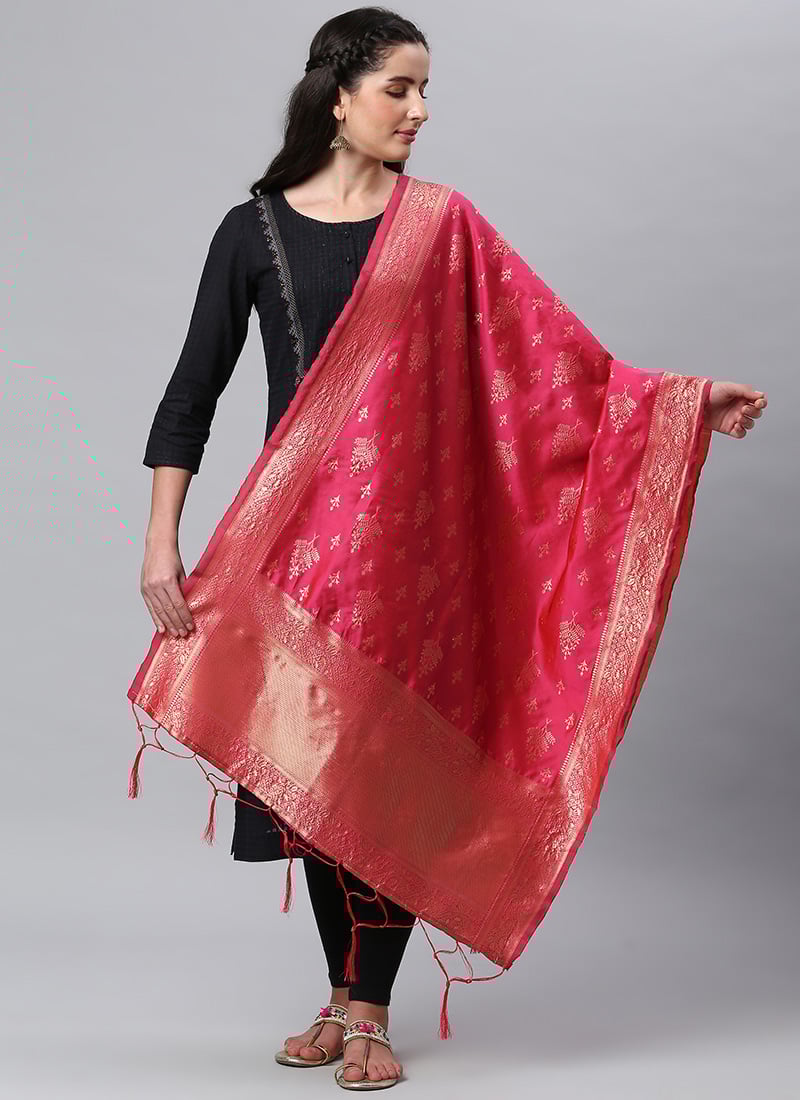 Rani Pink Benarasi Silk Jacquard Woven Dupatta Festive Wear-DPSLI1403107RP