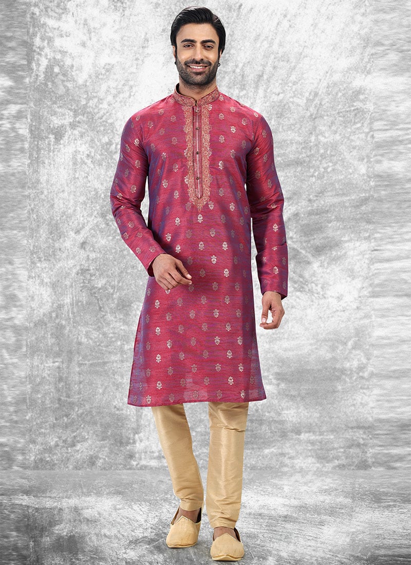 Rani Pink Blue Silk Jacquard N Brocade Work Kurta Pyjama Party Wear