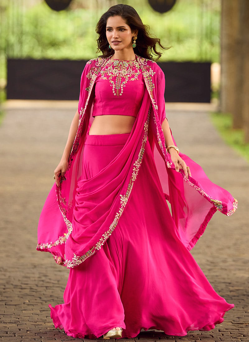 Rani Pink Cape Skirt Set in Georgette with Resham Zari Embroidery Wedding Wear