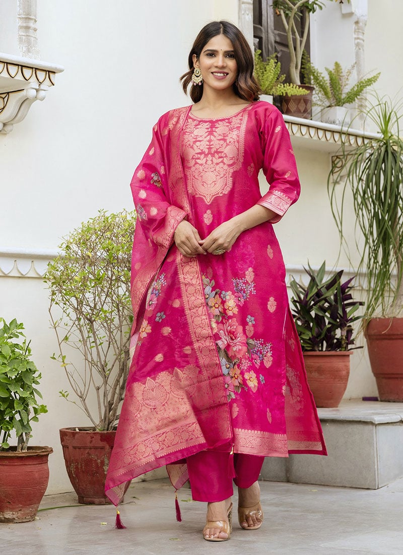 Rani Pink Chanderi Cotton Jacquard Digital Print Straight Pant Suit