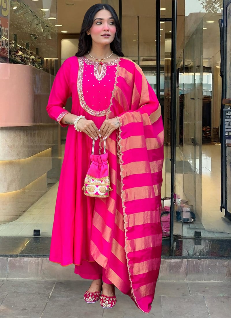 Rani Pink Chanderi Sequins Jacquard Anarkali Suit Festive Wear