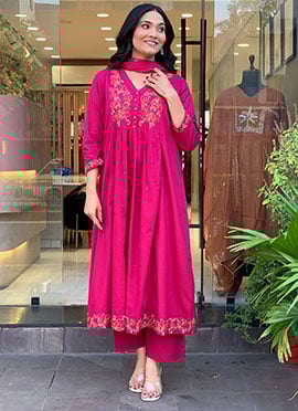 Rani Pink Chanderi Silk Embroidered Anarkali Suit