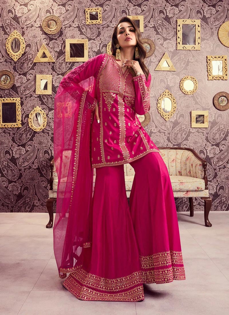 Rani Pink Chanderi Silk Embroidered Bell Bottom Palazzo Suit Festive Wear