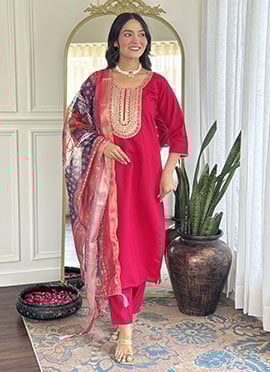 Rani Pink Chanderi Silk Embroidered Sequins Straight Pant Suit With Digital Print Dupatta