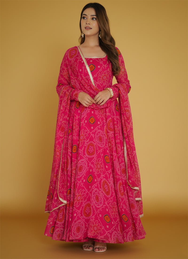 Rani Pink Chiffon Bandhej Printed Anarkali Suit After Six Wear