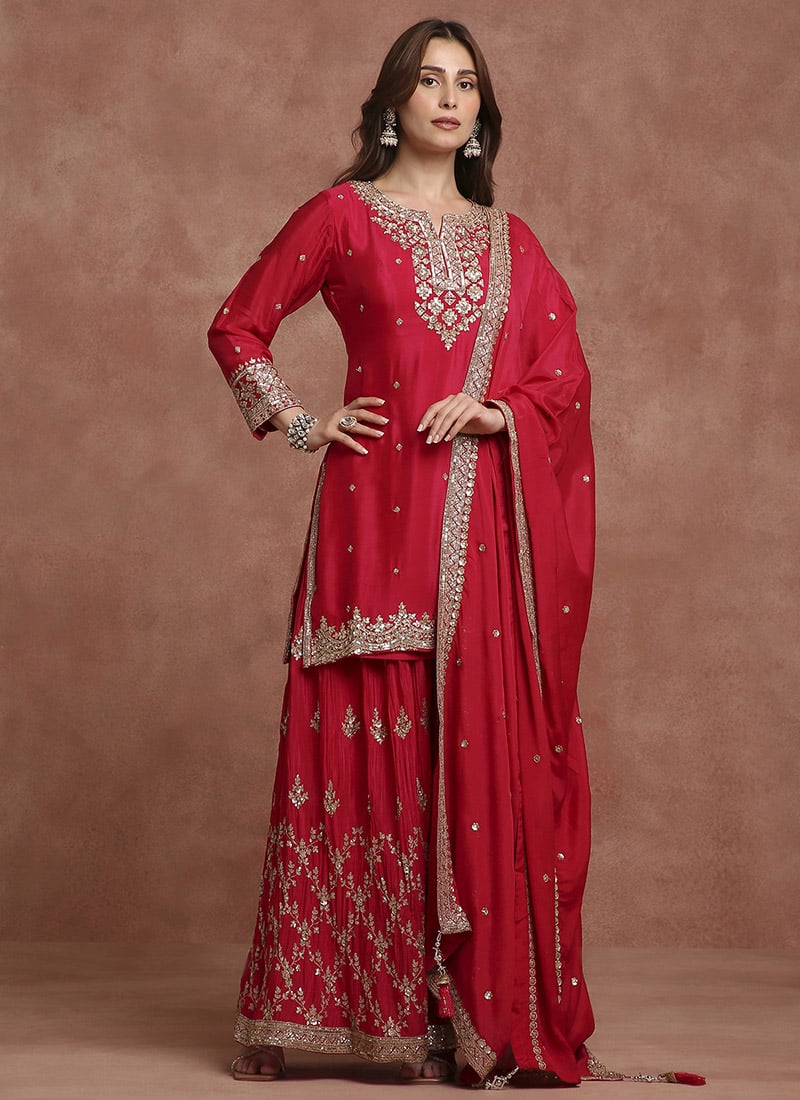 Rani Pink Chiffon Georgette Sequins And Embroidered Palazzo Suit