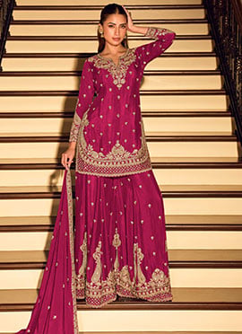 Rani Pink Chinnon Silk Embroidered Sequins Palazzo Suit