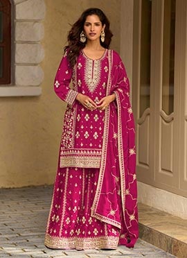 Rani Pink Chinnon Silk Embroidered Sequins Palazzo Suit