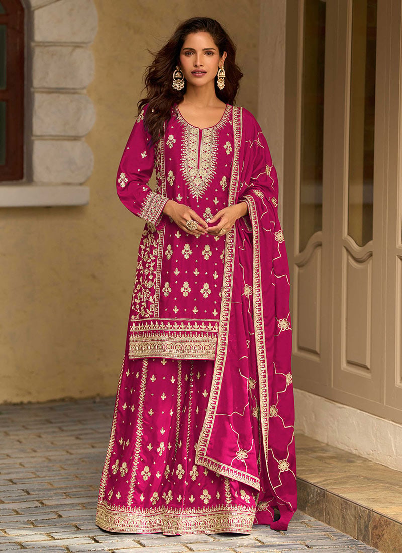 Rani Pink Chinnon Silk Embroidered Sequins Palazzo Suit Festive Wear