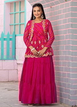 Rani Pink Chinon Bandhini Print Embroidered Indowestern Jacket Skirt Set