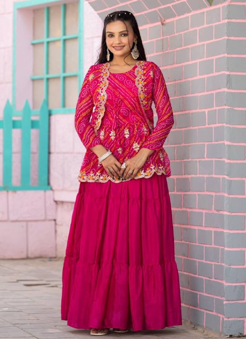 Rani Pink Chinon Bandhini Print Embroidered Indowestern Jacket Skirt Set Festive Wear