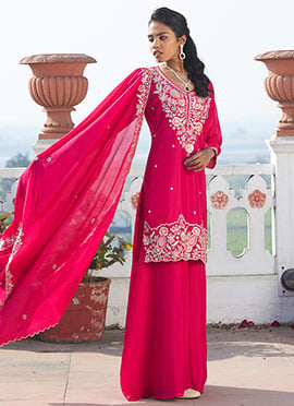 Rani Pink Chinon Embroidered Palazzo Suit