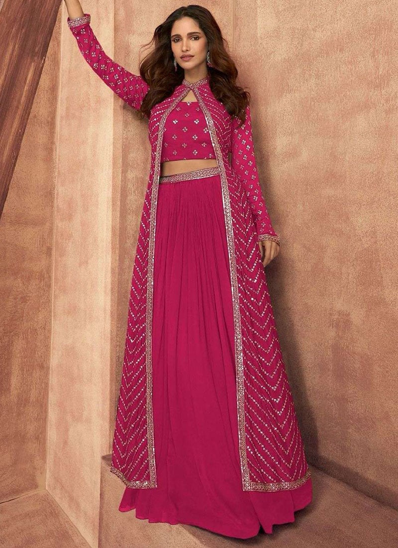 Rani Pink Chinon Embroidered Sequins Indowestern Long Jacket Skirt Set After Six Wear